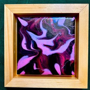 Fun Handcrafted Fluid Art In Natural Framed Signed By Artist